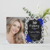 Royal Blue Rozen Black Damask Foto 50ste verjaarda Kaart (Staand voorkant)
