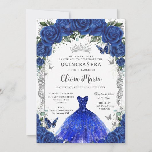 Royal Blue Rozen Bloemenjurk Quinceañera Silver Kaart (Voorkant)