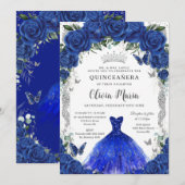 Royal Blue Rozen Bloemenjurk Quinceañera Silver Kaart (Voorkant / Achterkant)