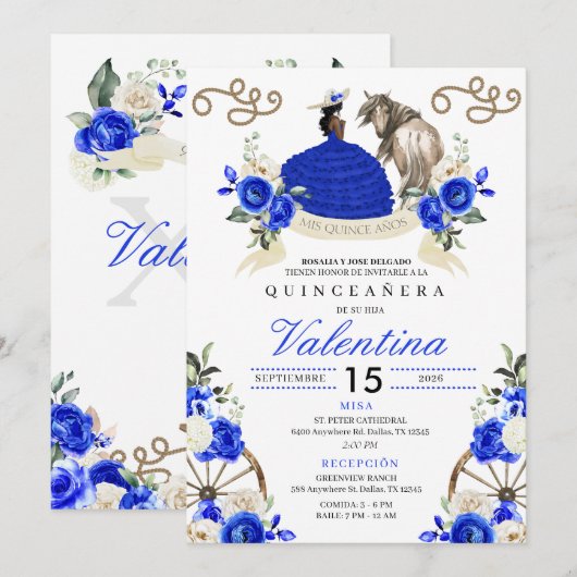 Royal Blue Rozen Cowgirl Westerne Ranch Quinceañer Kaart (Voorkant / Achterkant)