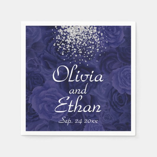 Royal Blue Rozen en een Splash van Silver Glitter Servet (Voorkant)
