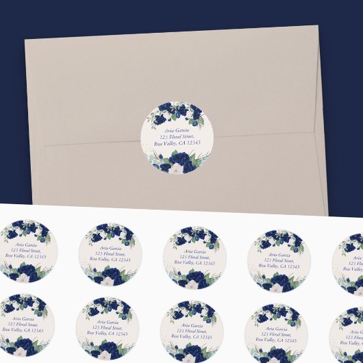 Royal Blue Rozen en Eucalytus Naam en adres Ronde Sticker
