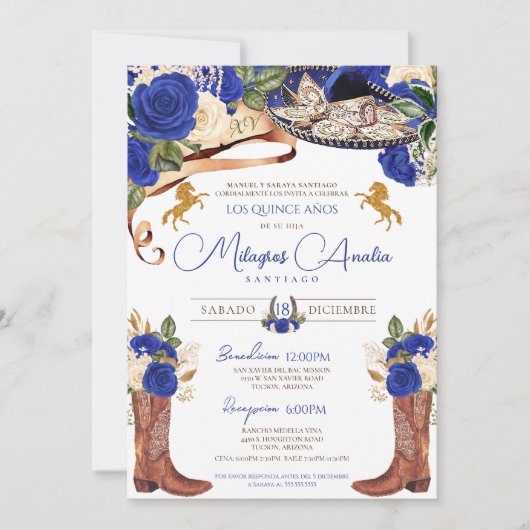 Royal Blue Rozen Fancy Western Charro Quinceanera Kaart (Voorkant)