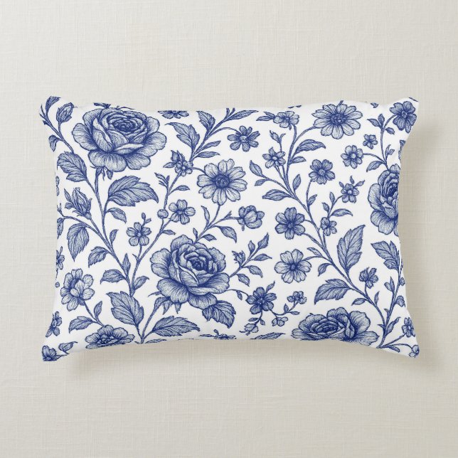 Royal Blue Rozen Floral Pattern Accent Kussen (Voorkant)