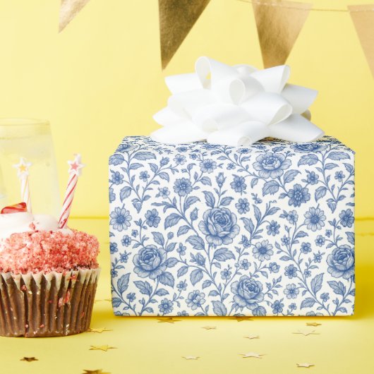 Royal Blue Rozen Floral Pattern Cadeaupapier (Verjaardagsfeest)