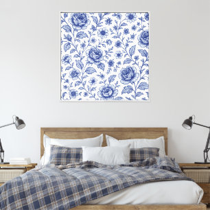Royal Blue Rozen Floral Pattern Canvas Afdruk