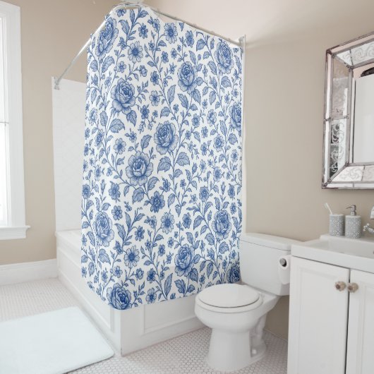 Royal Blue Rozen Floral Pattern Douchegordijn (In situ)