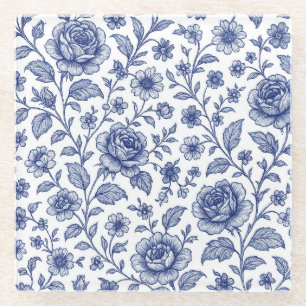 Royal Blue Rozen Floral Pattern Glazen Onderzetter