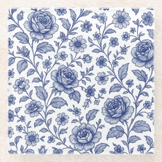 Royal Blue Rozen Floral Pattern Glazen Onderzetter (Voorkant)
