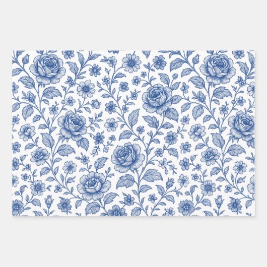 Royal Blue Rozen Floral Pattern Inpakpapier Vel (Voorkant 3)