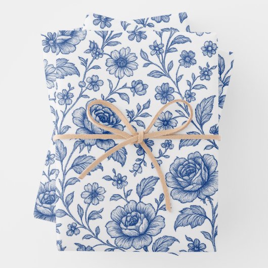 Royal Blue Rozen Floral Pattern Inpakpapier Vel (In situ)