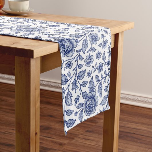 Royal Blue Rozen Floral Pattern Lange Tafelloper (Voorbeeld)