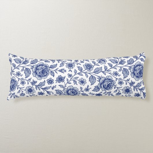 Royal Blue Rozen Floral Pattern Lichaamskussen (Voorkant)