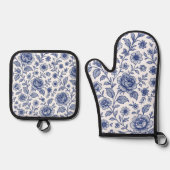 Royal Blue Rozen Floral Pattern Ovenwant & Pannenlap Set (Voorkant)