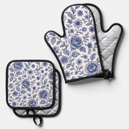 Royal Blue Rozen Floral Pattern Ovenwant & Pannenlap Set (Voorkant / Achterkant)