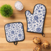 Royal Blue Rozen Floral Pattern Ovenwant & Pannenlap Set (Top down)