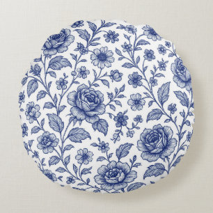 Royal Blue Rozen Floral Pattern Rond Kussen
