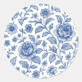 Royal Blue Rozen Floral Pattern Ronde Sticker (Voorkant)
