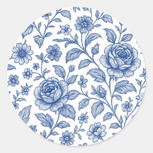 Royal Blue Rozen Floral Pattern Ronde Sticker (Voorkant)