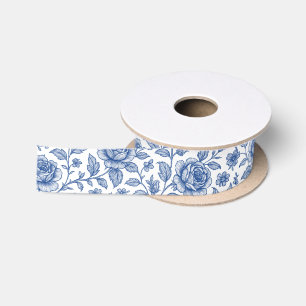 Royal Blue Rozen Floral Pattern Satijnen Lint