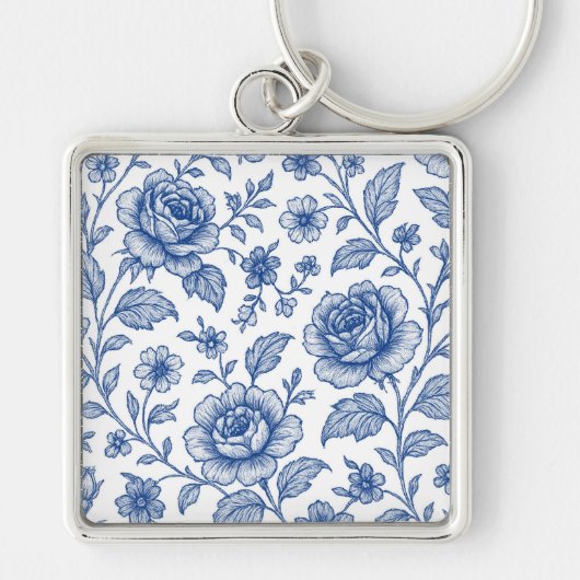 Royal Blue Rozen Floral Pattern Sleutelhanger (Voorkant)