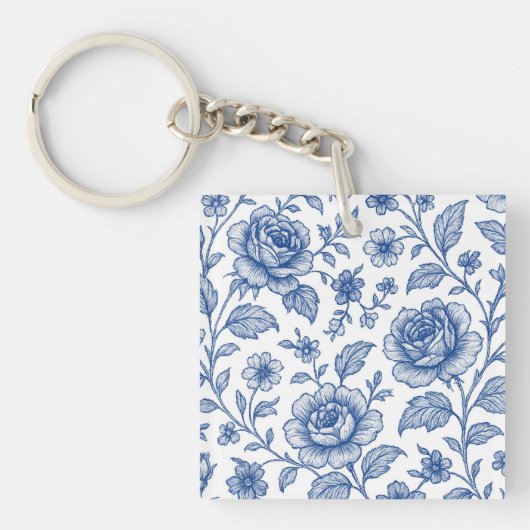 Royal Blue Rozen Floral Pattern Sleutelhanger (Voorkant)