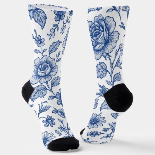 Royal Blue Rozen Floral Pattern Sokken (Gebogen)