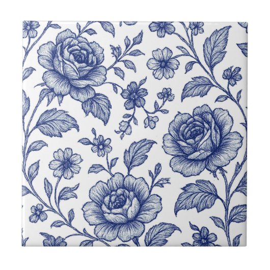 Royal Blue Rozen Floral Pattern Tegeltje (Voorkant)