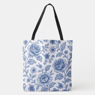 Royal Blue Rozen Floral Pattern Tote Bag