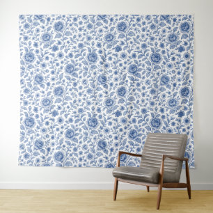 Royal Blue Rozen Floral Pattern Wandkleed