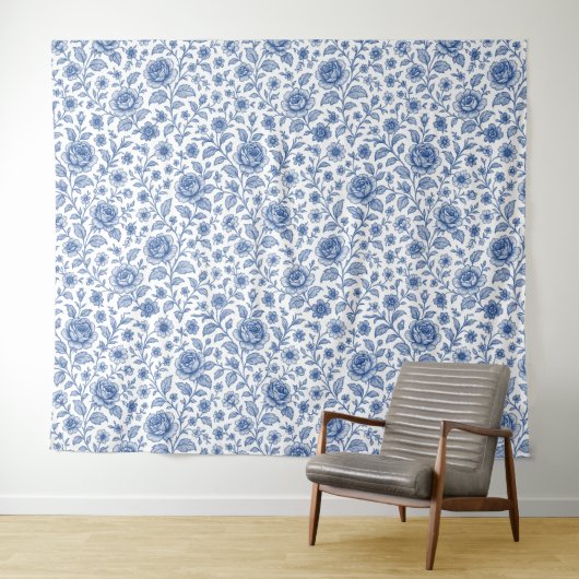 Royal Blue Rozen Floral Pattern Wandkleed (In Situ (horizontaal))