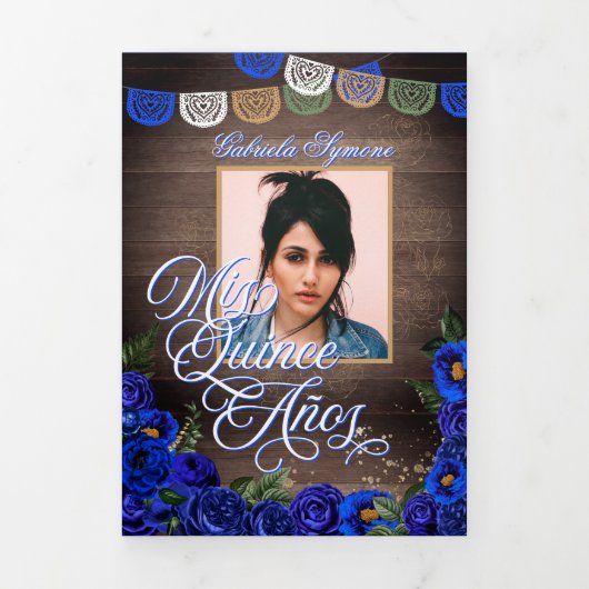 Royal Blue Rozen Gold Charro Foto Quinceañera Drieluik Uitnodiging (Cover)
