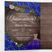 Royal Blue Rozen Gold Charro Foto Quinceañera Drieluik Uitnodiging (Binnenzijde eerst)