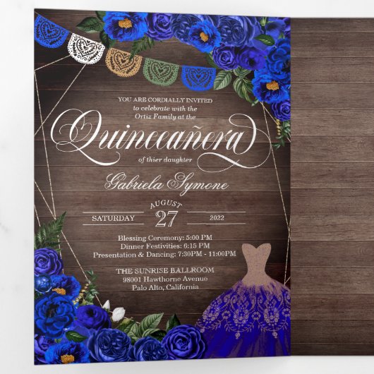Royal Blue Rozen Gold Charro Foto Quinceañera Drieluik Uitnodiging (Binnenzijde eerst)