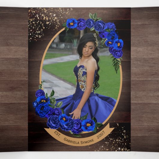 Royal Blue Rozen Gold Charro Foto Quinceañera Drieluik Uitnodiging (Binnenkant midden)