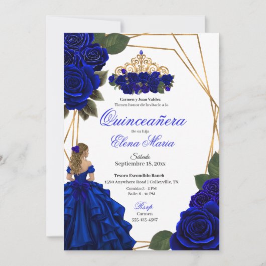 Royal Blue Rozen Gold Quinceañera Kaart (Voorkant)