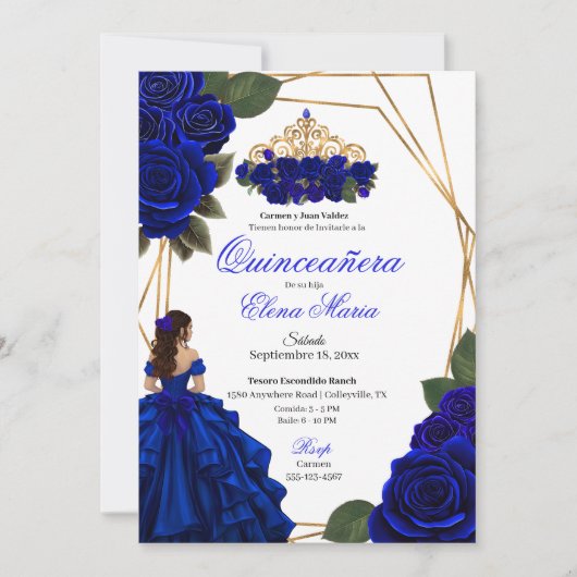 Royal Blue Rozen Gold Quinceañera Kaart (Voorkant)