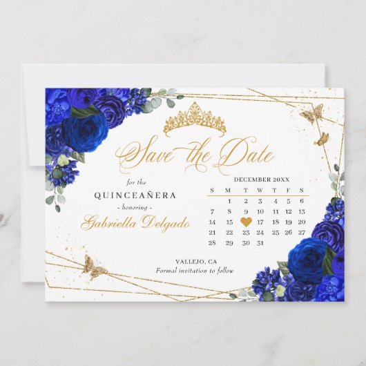 Royal Blue Rozen & Gold Quinceañera Save The Date Kaart (Voorkant)