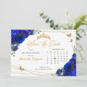 Royal Blue Rozen & Gold Quinceañera Save The Date Kaart (Staand voorkant)
