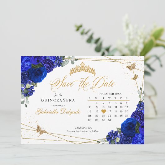 Royal Blue Rozen & Gold Quinceañera Save The Date Kaart (Staand voorkant)