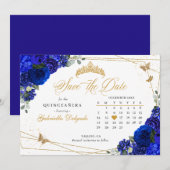 Royal Blue Rozen & Gold Quinceañera Save The Date Kaart (Voorkant / Achterkant)