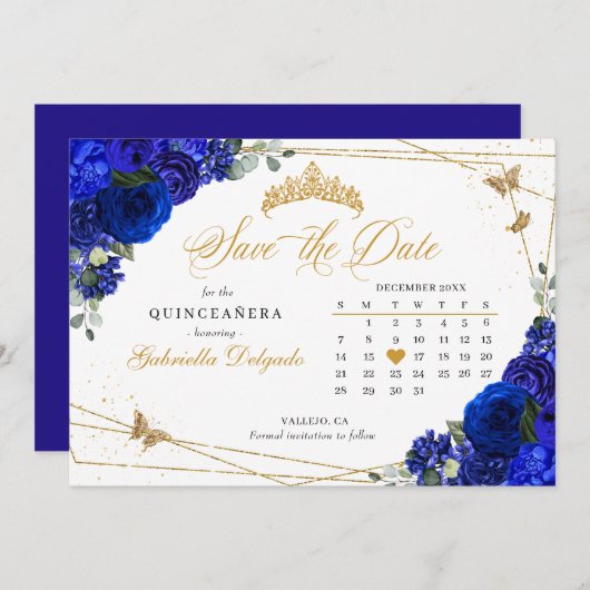 Royal Blue Rozen & Gold Quinceañera Save The Date Kaart (Voorkant / Achterkant)