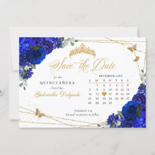 Royal Blue Rozen & Gold Quinceañera Save The Date Kaart
