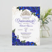 Royal Blue Rozen & Gold Tiara Elegant Quinceañera Kaart (Staand voorkant)