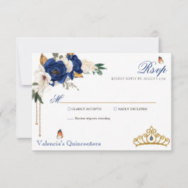 Royal Blue Rozen Gold Tiara Quinceanera RSVP Kaartje