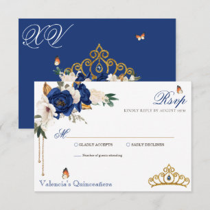 Royal Blue Rozen Gold Tiara Quinceanera RSVP Kaartje