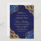 Royal Blue Rozen Goud Kant QR Code Moslim Bruiloft Kaart (Voorkant)