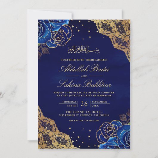 Royal Blue Rozen Goud Kant QR Code Moslim Bruiloft Kaart (Voorkant)
