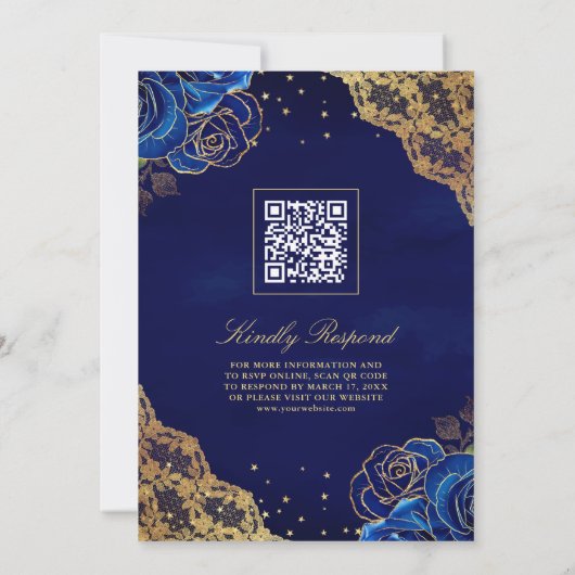Royal Blue Rozen Goud Kant QR Code Moslim Bruiloft Kaart (Achterkant)