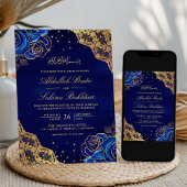 Royal Blue Rozen Goud Kant QR Code Moslim Bruiloft Kaart